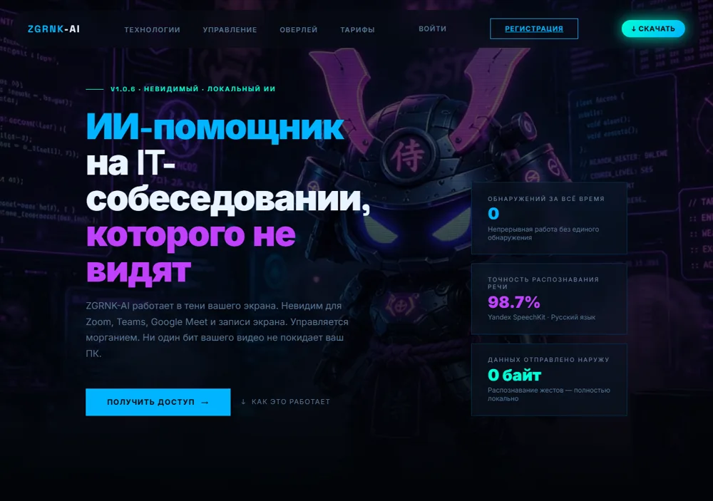 Главный экран ZGRNK AI — интерфейс подготовки к собеседованиям с ИИ
